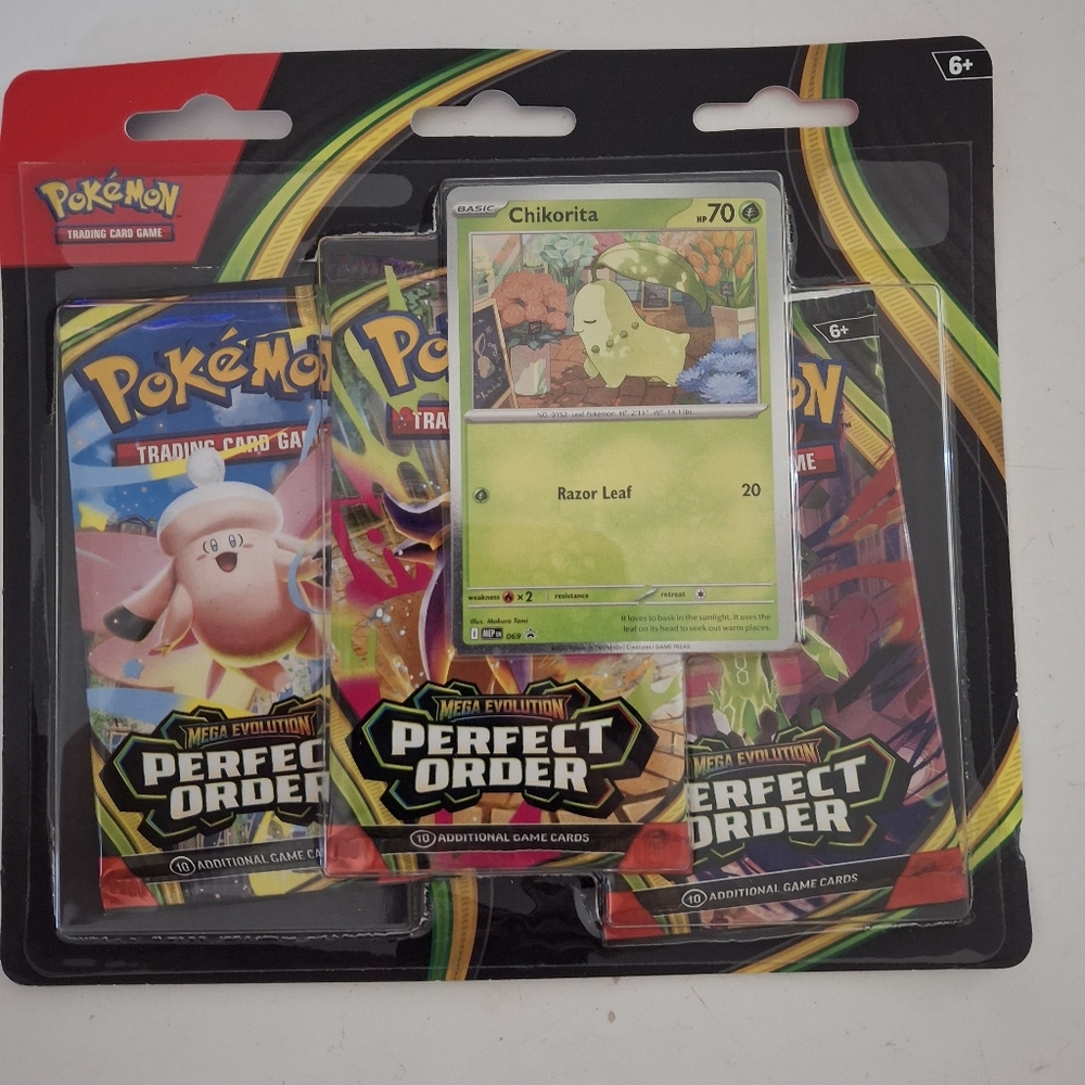 Pokemon Cards Mega Evolution Perfect Order 3 Pack Blister CHIKORITA new nwt
